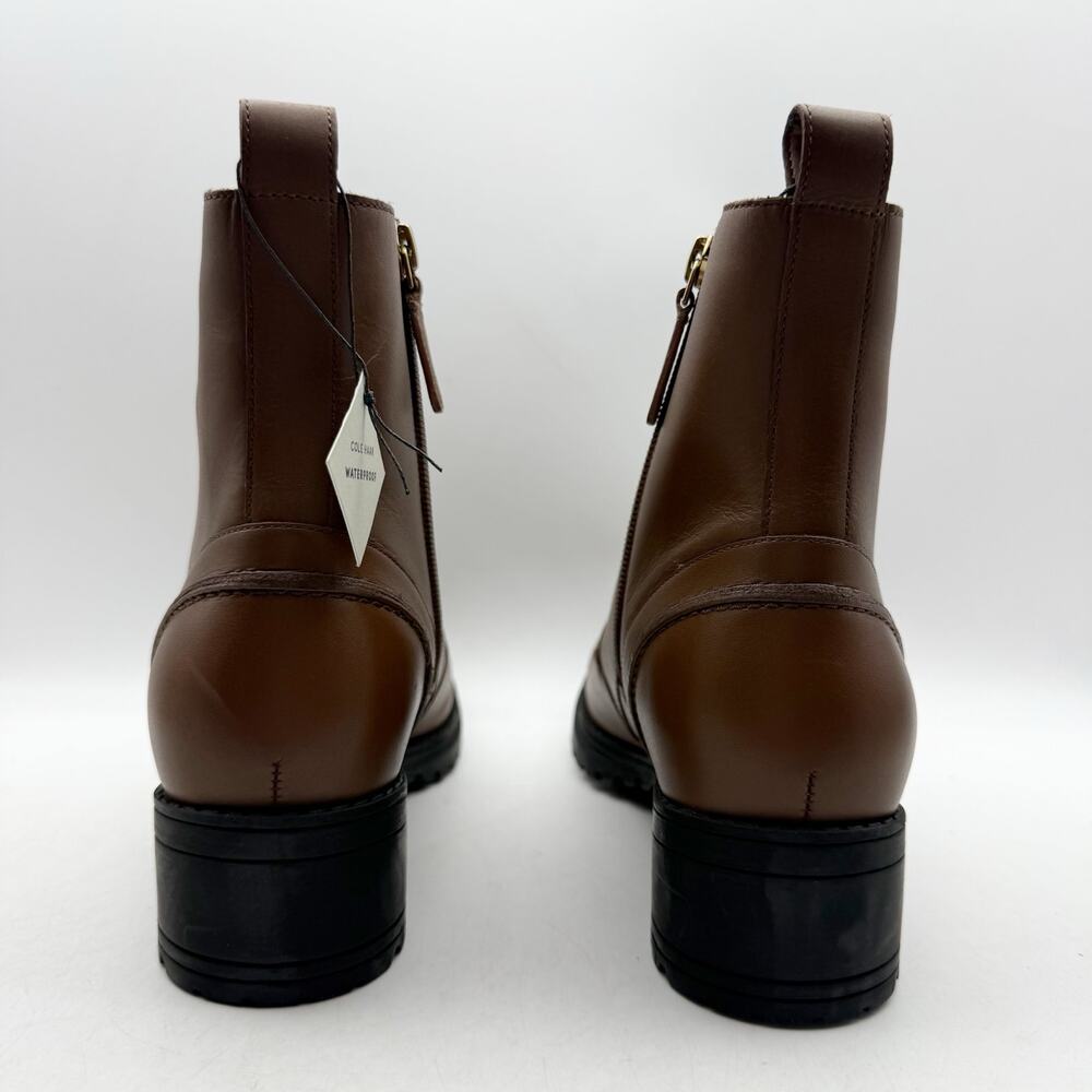 Cole Haan Womens Camea Combat Boots US 7 Brown Leather Zip Side Waterproof NWOB - Picture 9 of 12